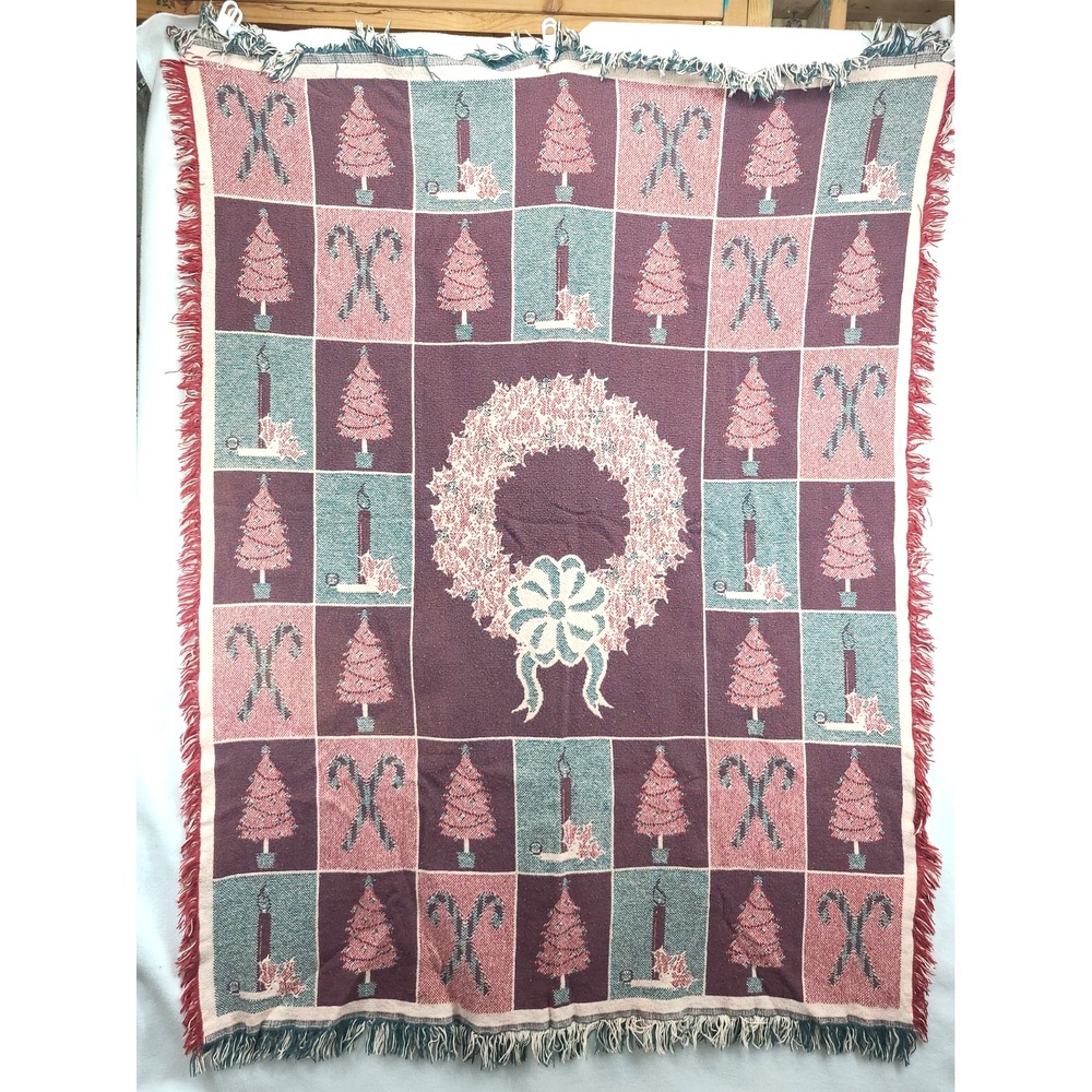 Vintage Tapestry Throw Blanket Christmas Fringe Woven 59"x43" Reversible Holiday